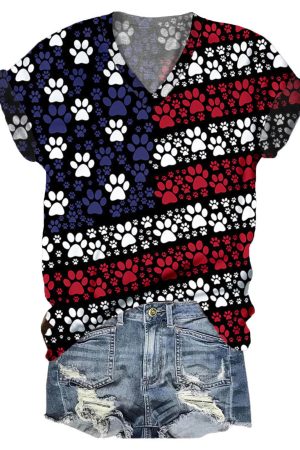 American Flag Dog Paw V-Neck Shirt Cute Themed Dog Gift Ideas