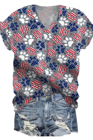 American Flag Dog Paw V-Neck Shirt Dog Themed Gifts