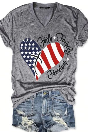 American Flag Print Faith Family Freedom Letter Casual Short Sleeve V-Neck Shirt Fourth Of July Apparel Gifts