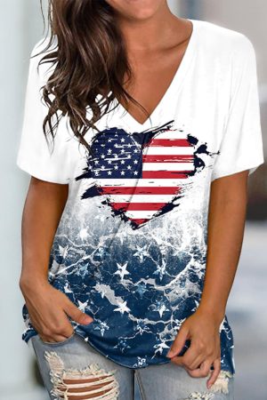 American Flag Star Heart V-Neck Shirt 4Th Of July Gifts For Women