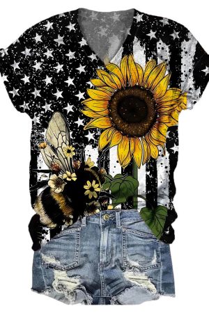 American Flag Sun Flower Bee V-Neck Shirt Sunflower Gifts For Friends