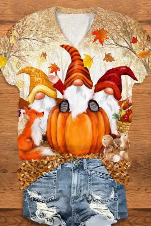 Autumn Pumpkin Gnomes Print V-Neck V-Neck Shirt Birthday Gifts For Friends