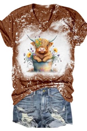 Baby Highland Cow Tie Dye V-Neck Shirt Highland Cow Gifts For Her