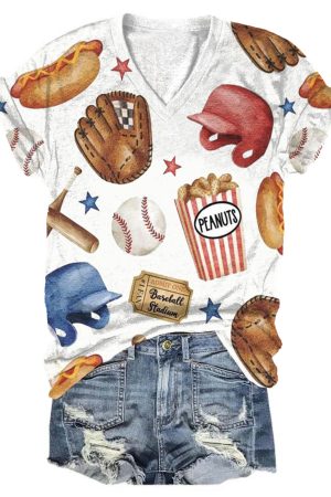 Baseball Print V-Neck Shirt Gift For Baseball Lovers For Her