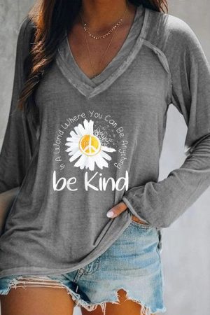 Be Kind V neck Long Sleeve Daisy Printed Shirt Top 10 Birthday Gifts For Her