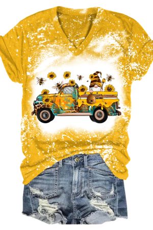 Bee Sunflower Gnome Truck V-Neck Shirt Best Gnome Gifts For Ladies