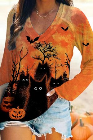 Black Cat Print V-Neck Long Sleeve V-Neck Shirt Unique Cat Gifts For Cat Lovers
