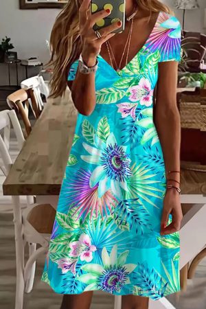 Blue Tropical Flowers V Neck Short Sleeve Dress Unique Gifts For Women