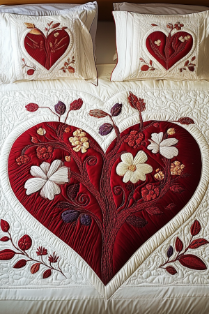 Blushing Heart With Floral Quilt Bedding Set Gifts For Ladies