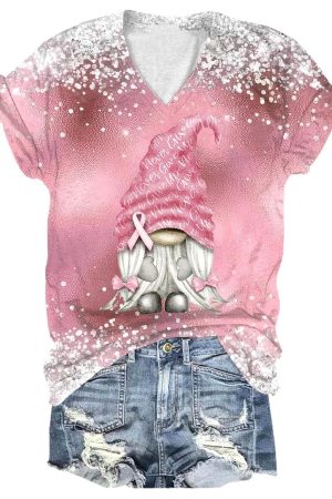 Breast Cancer Awareness Gnome Print V-Neck Shirt Cute Gnome Gifts