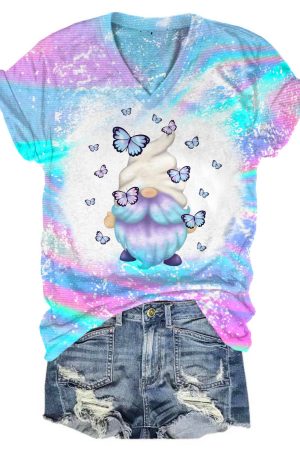 Butterfly Gnome Print V-Neck V-Neck Shirt Gnome Gifts For Her