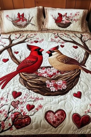 Cardinal Couple Quilt Bedding Set Romantic Gift For Bird Lovers & Couples