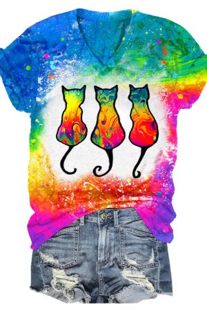 Cat Lava Liquid Print Tie-dye V-neck V-Neck Shirt Gift Ideas For Cat Owners