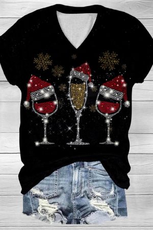 Christmas Glitter Wine Glass Print V-Neck V-Neck Shirt Christmas Presents For Wife