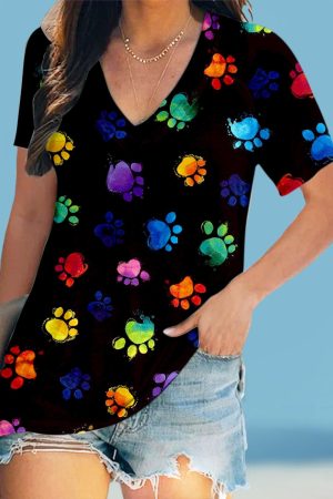 Colorful Dog Paw Print V-Neck Short-Sleeved V-Neck Shirt Dog Owners Themed Gifts