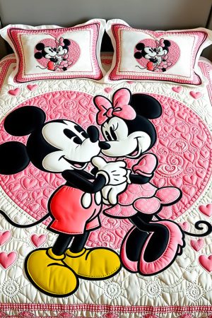 Couple Quilt Bedding Set Cute Cartoon Couple Soft Pink & White Bedding Set Romantic Gifts For Couples
