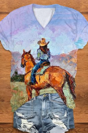 Cowgirl Painting Western Print V-Neck V-Neck Shirt Highland Cattle Gifts For Her
