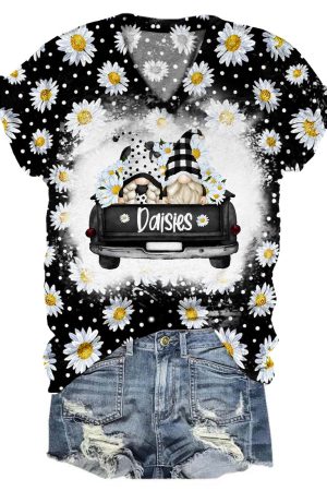 Daisy Gnomies Truck Tie Dye V-Neck Shirt Unique Gnome Gifts