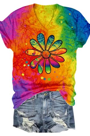 Daisy Peace Colored V-Neck Shirt Gifts For Hippie Men Women
