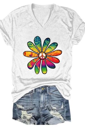 Daisy Peace Solid V-Neck Shirt Good Gifts For Hippie Friends