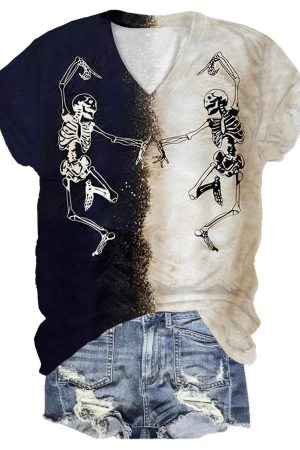 Dance Skull Print V-Neck V-Neck Shirt Best Skull Gifts For Women