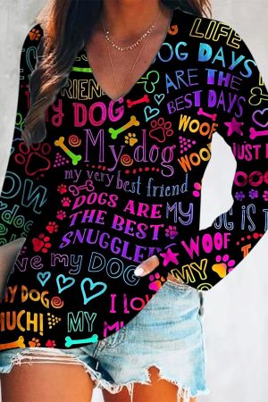 Dog Colorful Funny Words Print Long Sleeve V-Neck Shirt Christmas Gifts For Dog Lovers