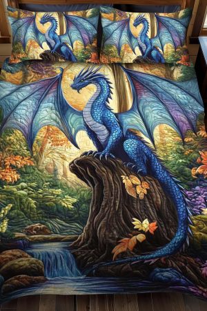 Dragon Lovers Quilt Bedding Set Mystical Blue Dragon Ultimate Gift For Fantasy And Dragonfly Lovers