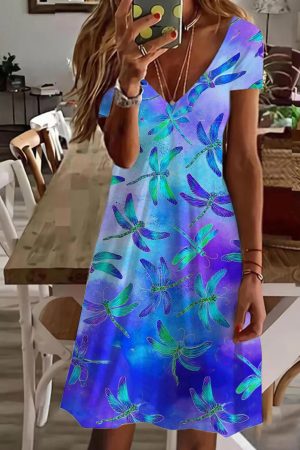 Dragonfly V Neck Short Sleeve Dress Dragonfly Gifts For Women