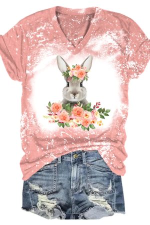 Easter Flower Bunny Bleaching V-Neck Shirt Easter Gifts For Soul Sisters