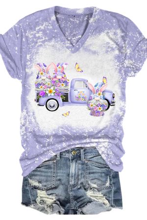 Easter Lilac Gnome Truck Bleaching V-Neck Shirt Easter Present Ideas