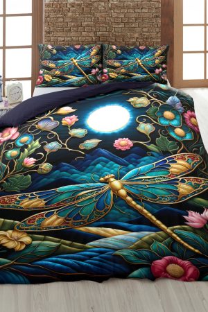 Enchanted Dragonfly Garden Quilt Bedding Set Quilt Bedding Set Gift For Dragonfly Lovers Unique Dragonfly Gifts