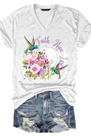 Faith Hope Love Hummingbird Flower V-Neck Shirt Gift For Her