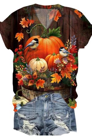 Fall Maple Leaf Pumpkin Bird V-Neck V-Neck Shirt Birthday Gifts For Her