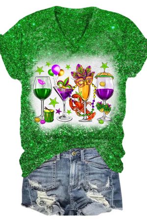Fat Tuesday Mardi Gras Glitter V-Neck V-Neck Shirt Mardi Gras Gifts For Women