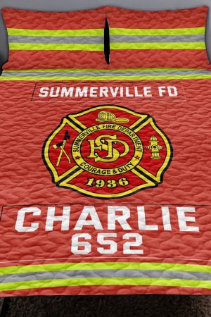 Fire Department Quilt Bedding Set Custom Fire Station Logo Gifts For Firefighter With Name Number Tag