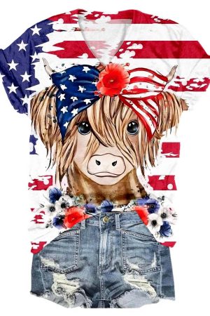 Flag American Cow Print V-Neck V-Neck Shirt Highland Cow Stuff