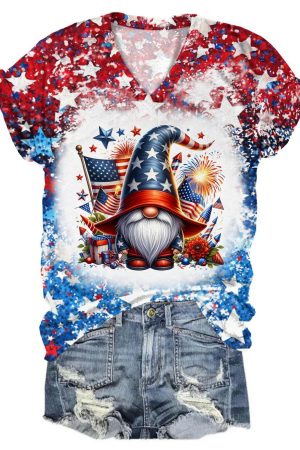 Flag Firework Gnome V-Neck Tie Dye V-Neck Shirt Best Gifts For Gnome Lovers