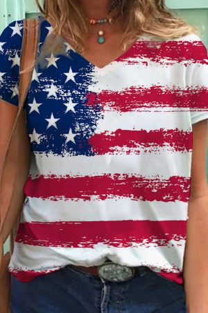 Flag Independence Day Print V-Neck Top Independence Day Gifts For Her