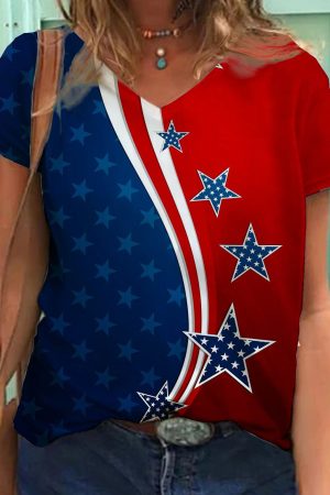 Flag Print V-Neck Short Sleeve Top Independence Day Patriotic Apparel