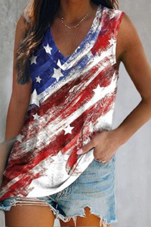 Flag V Neck Cotton Blends Casual Knit Tank Unique Birthday Gifts For Her