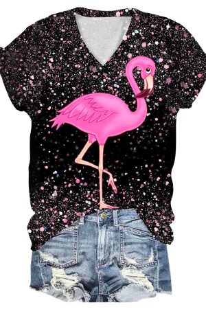 Flamingo Glitter Print V-Neck V-Neck Shirt Flamingo Gifts For Ladies