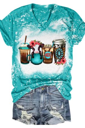 Floral Babe Cow Coffee Drink Tie Dye V-Neck Shirt Women's Highland Cow Merchandise Presents