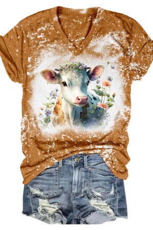 Floral Baby Cow Tie Dye V-Neck Shirt Highland Cow Themed Gifts
