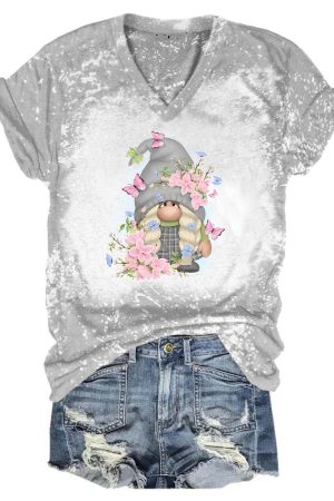 Floral Gnome Tie Dye V-Neck Shirt Gnome Presents Ideas For Daughters