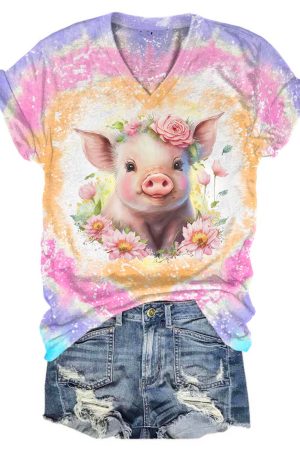 Floral Pig Tie Dye Print V-Neck Shirt Small Gifts For Women