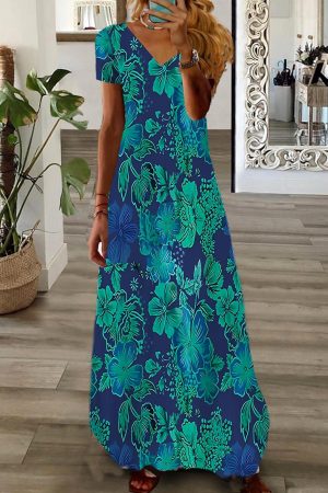 Floral Short Sleeve V Neck Maxi Dress Great Birthday Gifts For Her