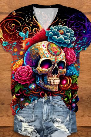Floral Skull Art V-Neck V-Neck Shirt Day Of The Dead Skull Gifts For Her