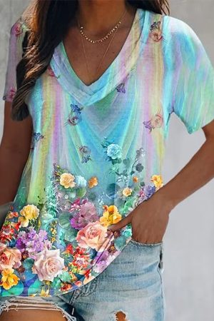 Flower V-Neck Shirt Gift For Her