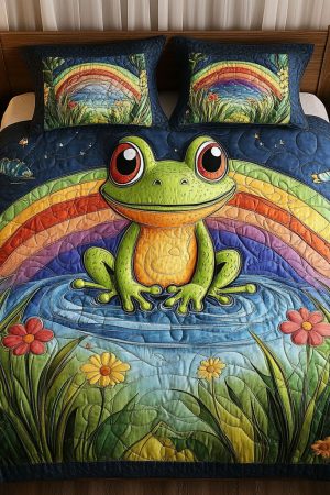 Frog With Colorful Rainbow Pond Quilt Bedding Set Best Gift Ideas