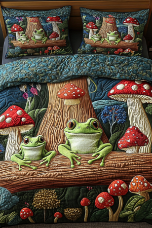 Funny Frogs In Whimsical Mushroom Land Quilt Bedding Set Best Gift Ideas